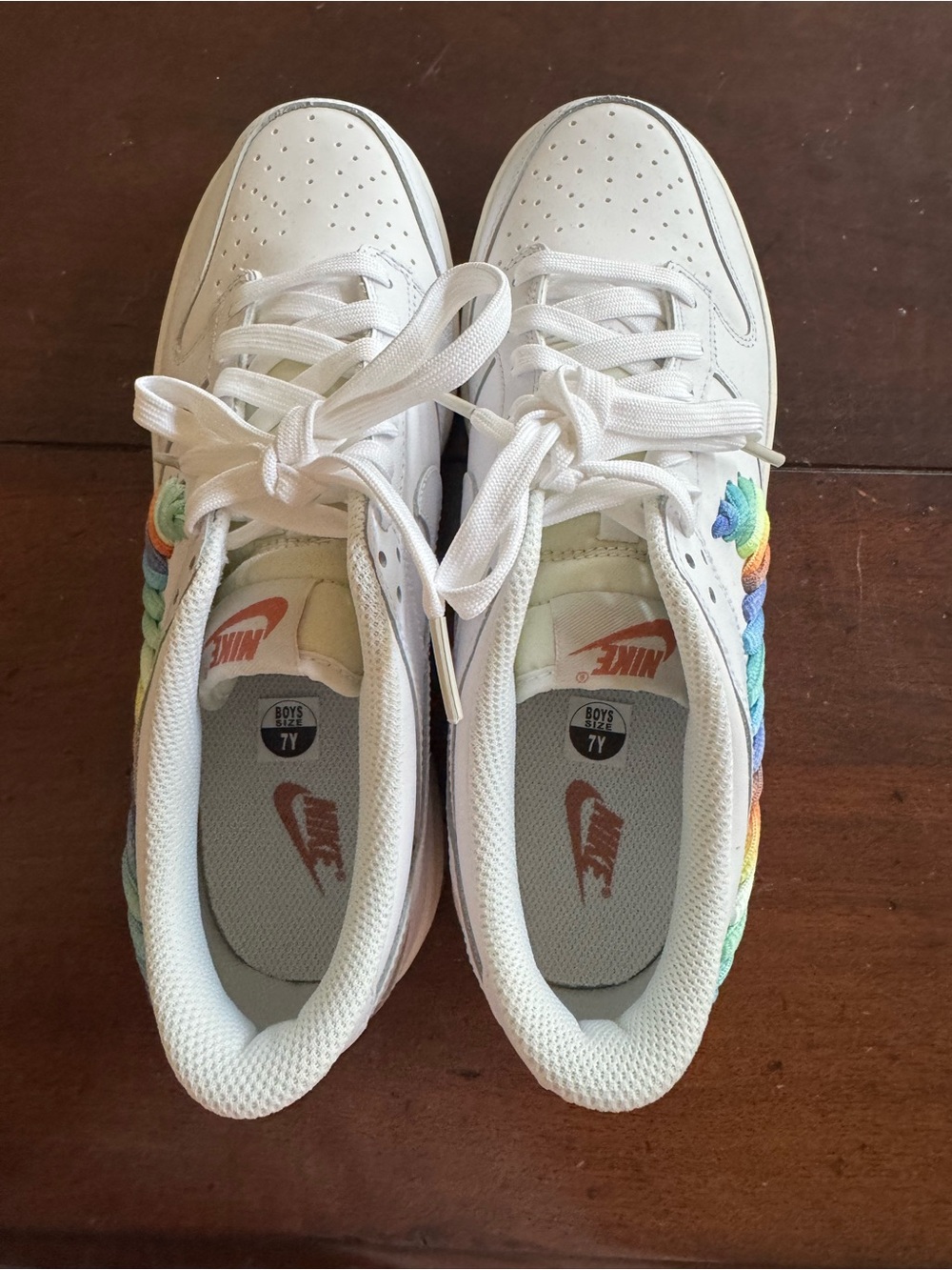 Nike New! Dunk Low SE Kids White Sneakers with Rainbow Lace Swoosh - Picture 3 of 5